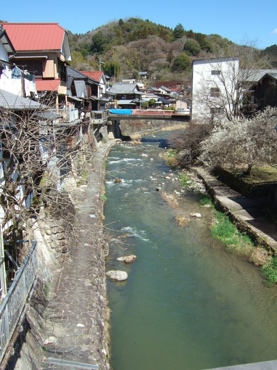 A view up a stream with buildings of a village on either bank, and a makeshift bridge in the distance.