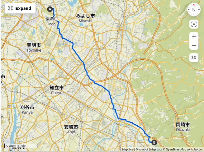 A route map between home in Nisshin and the Popeye cafe