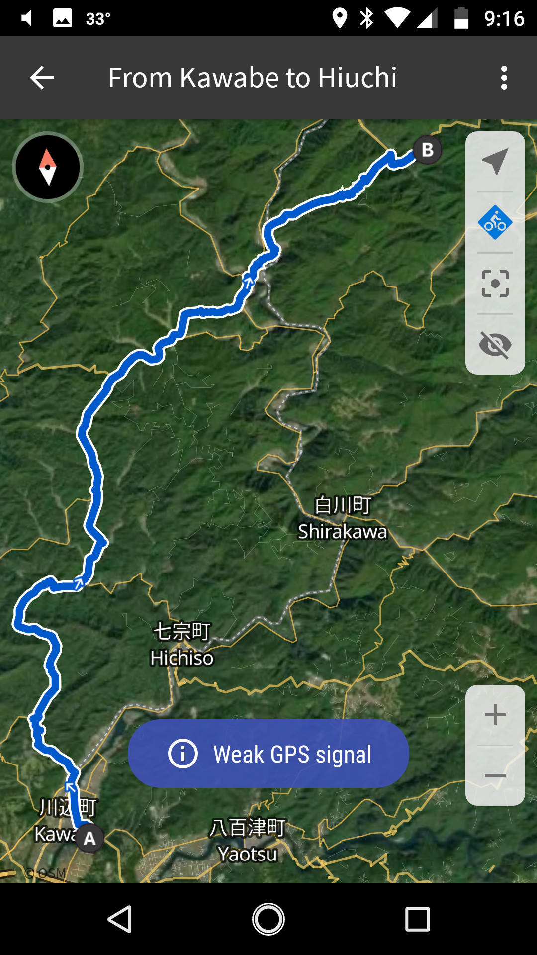 Map of a route from Kawabe to Hiuchi no Mori campground