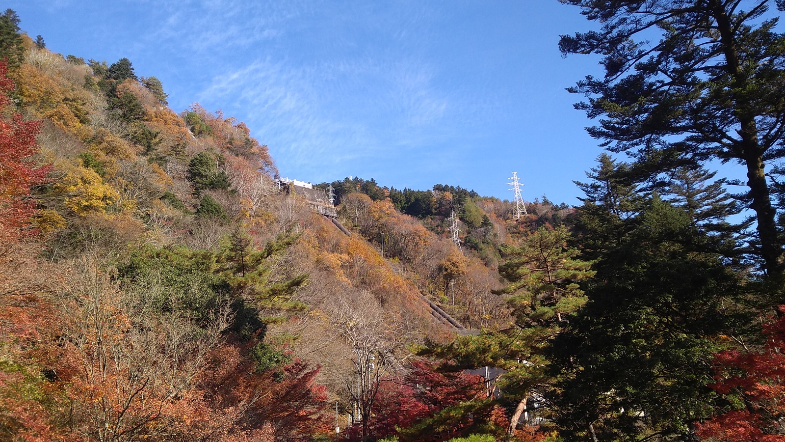 An upward view of a hillside dotten with autumn foliage, and with a transfer junction for a large water pipeline standing at the top of the hill.