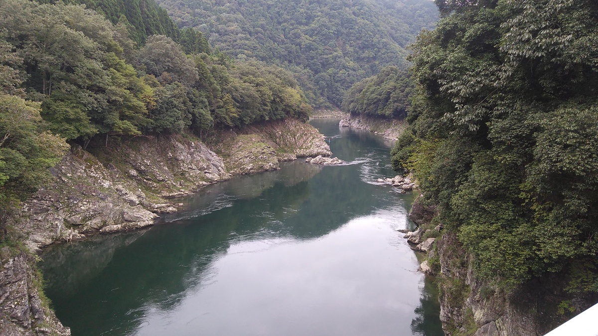 A river of crystal clear water flowing down a shallow rock-lined canyon, with dense forest encroaching on the banks at the top of the cut.