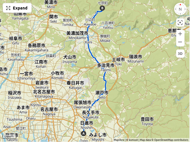 Map of a route from Nisshin to Futoppara Campground in Hichisō