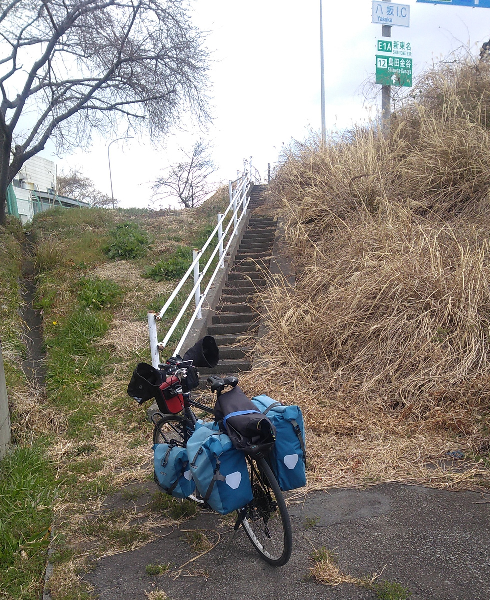 A loaded touring bicycle is parked at the base of a concrete staircase largely covered in an overgrowth of dried weeds.