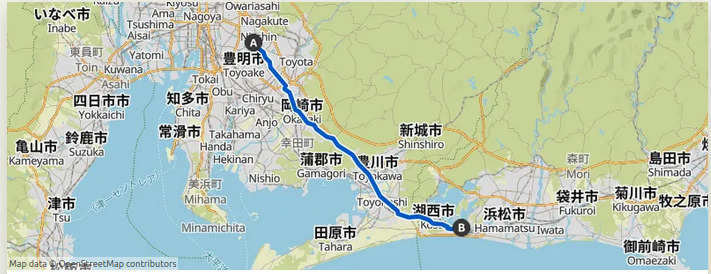 Map of a route southeast from Nisshin to the Nagisaen Campground