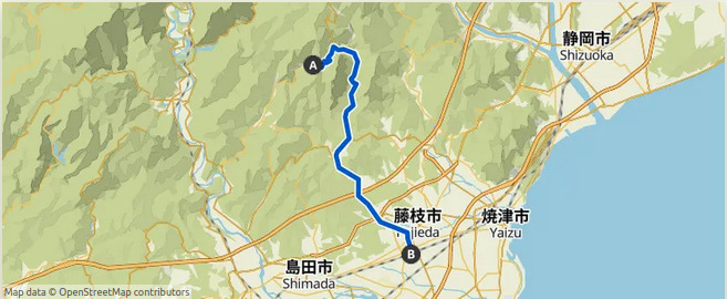 Map of a route from Okubo Campground to Fujieda JR Station