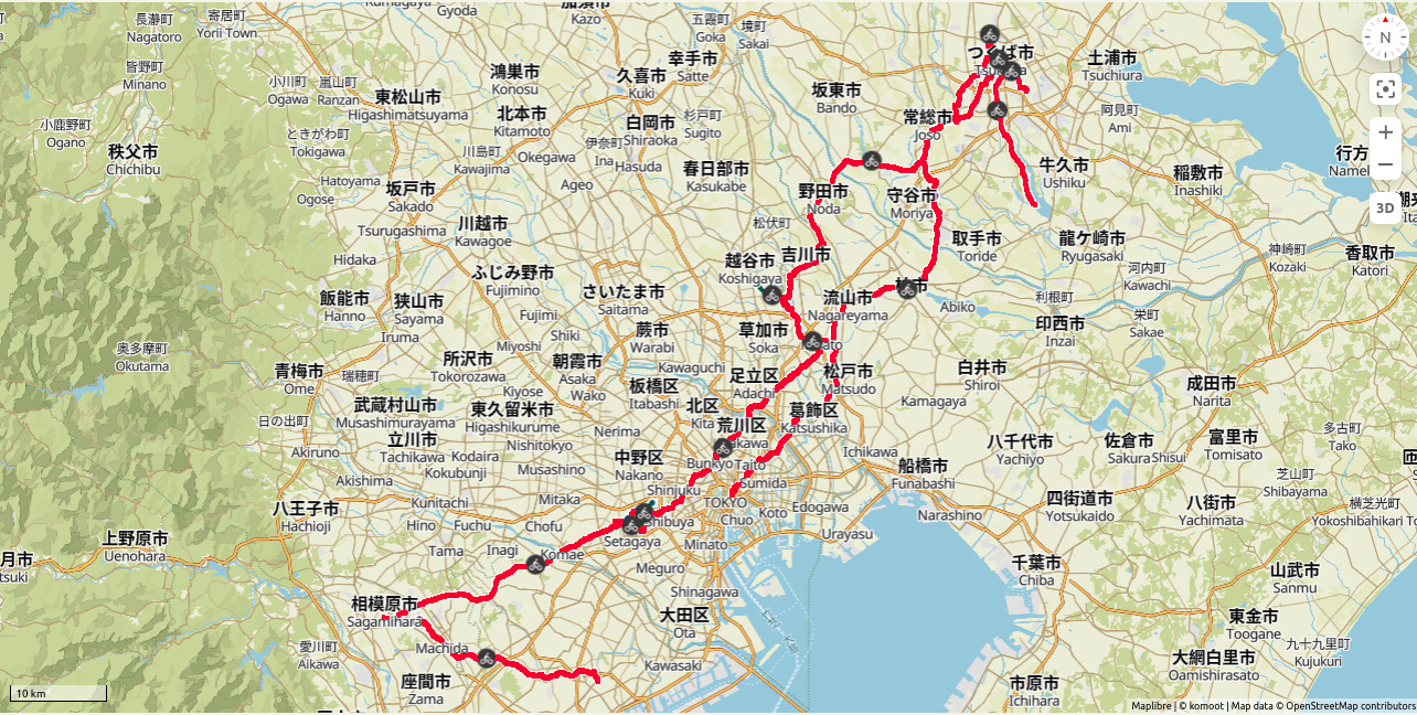 Route map of five-day tour, excluding segment from home to Nagoya station.