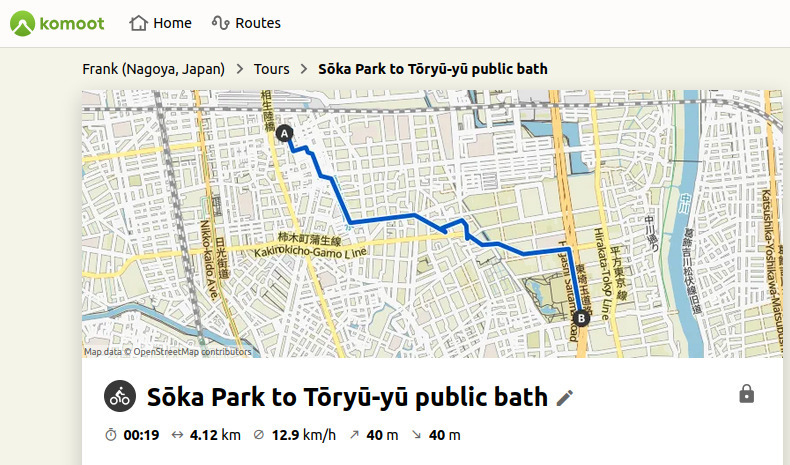 Route map from Sōka Park to Tōryū-yū public bath.