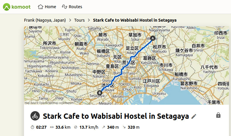 Route map from Stark Cafe to Wabisabi Hostel in Setagaya